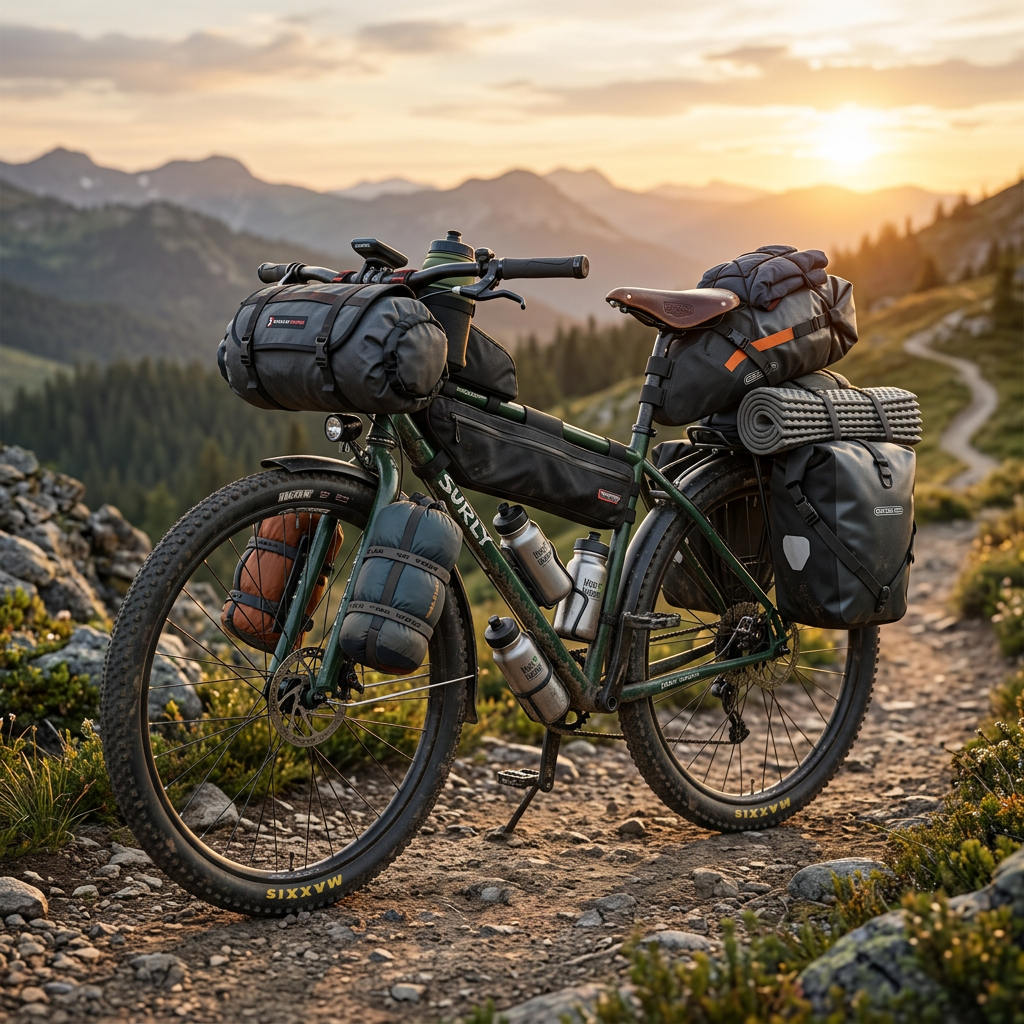 fully packed bicycle in the mountains